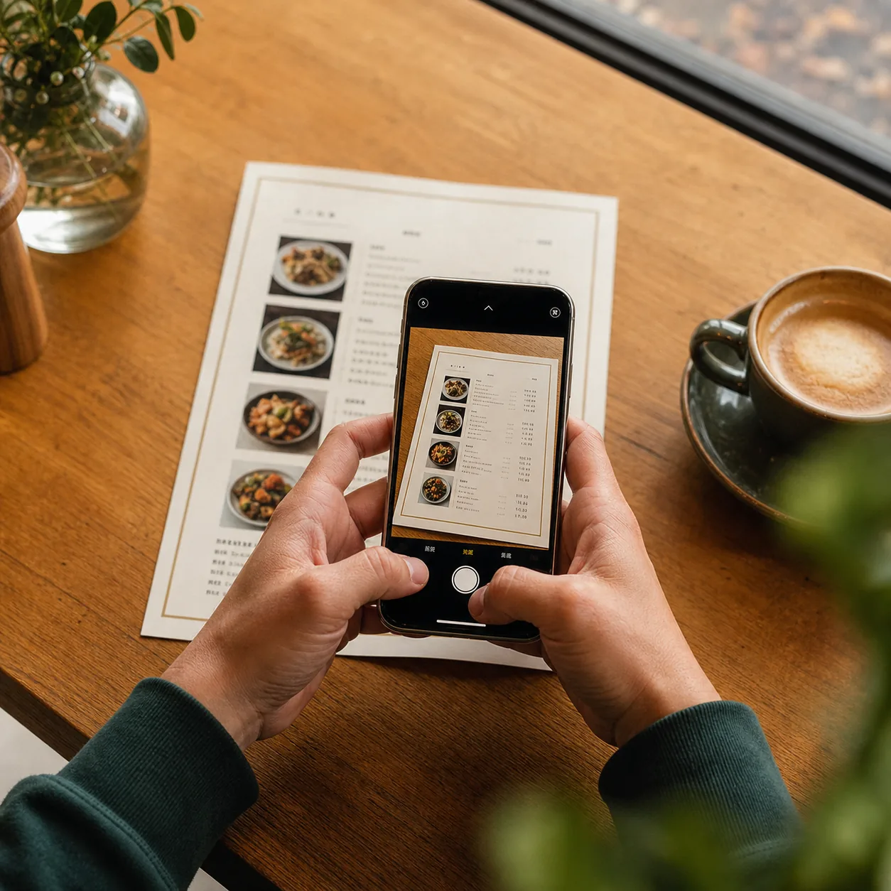 Hands photographing a paper menu with a phone