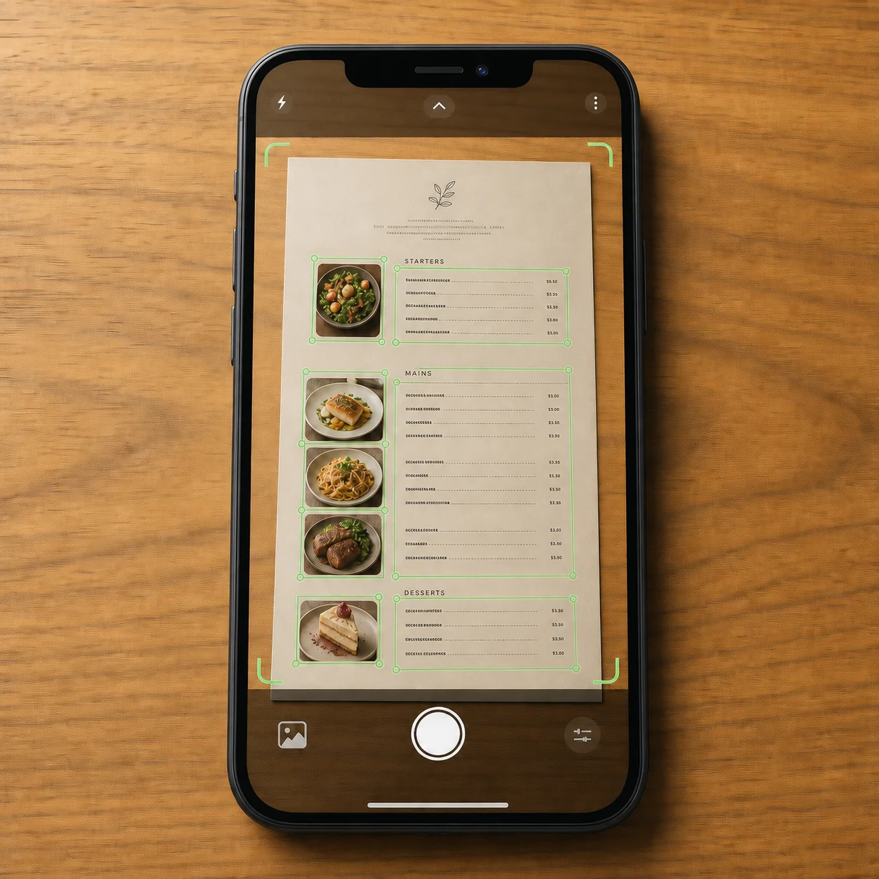 A phone camera scanning menu items with AI detection overlays