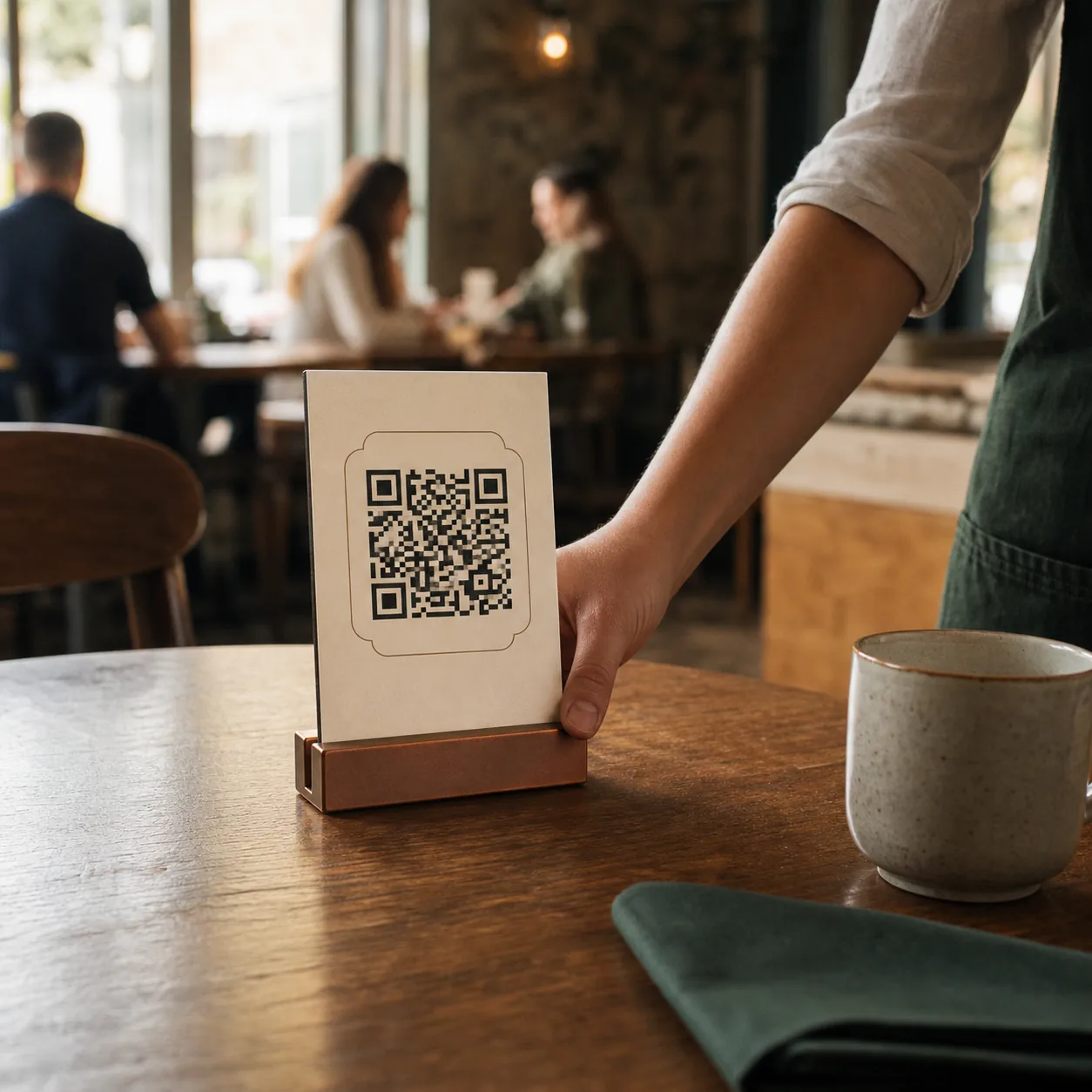 A printed QR menu stand on a café table
