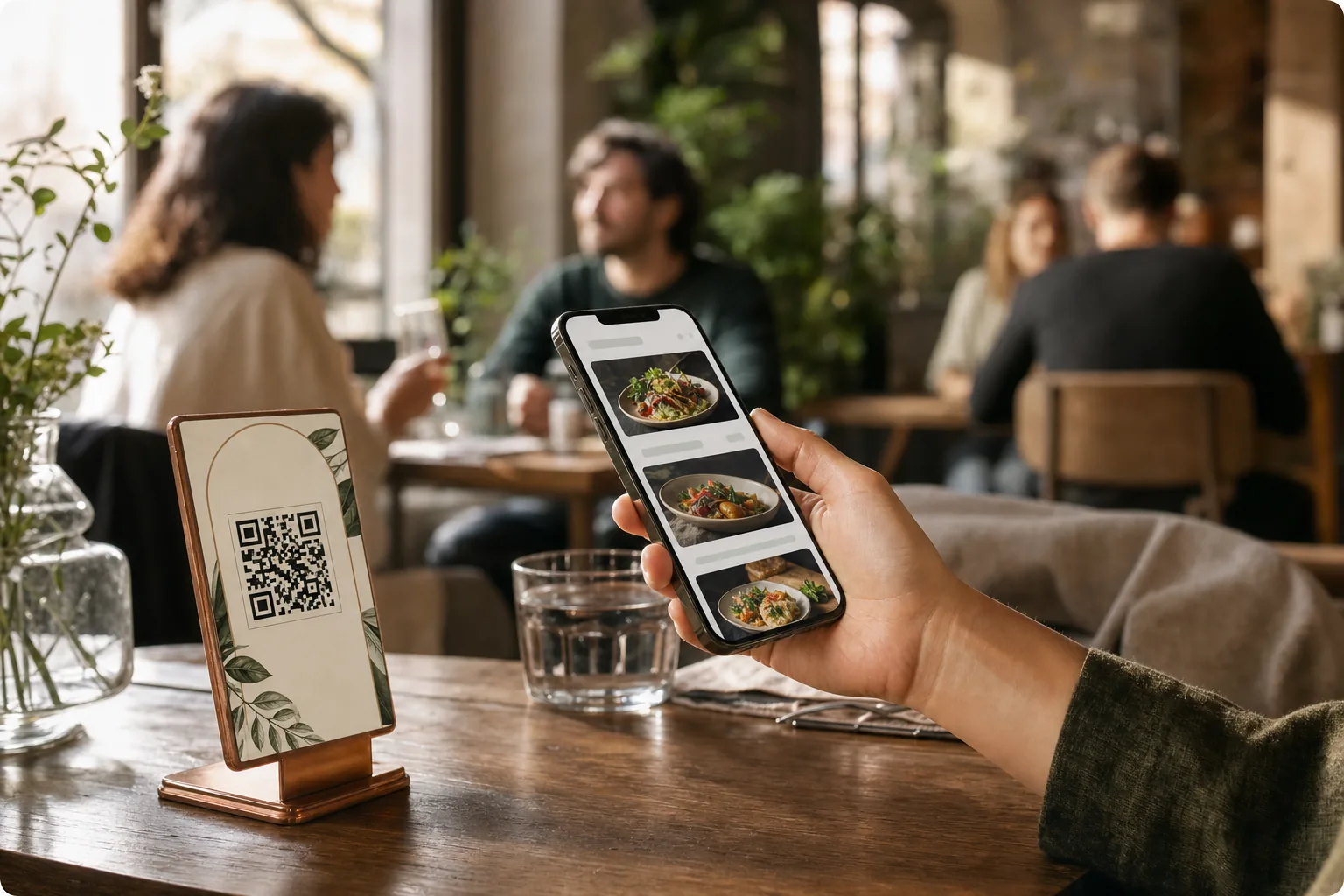 A guest scanning a table QR code and browsing a SaveMenu digital menu in a café