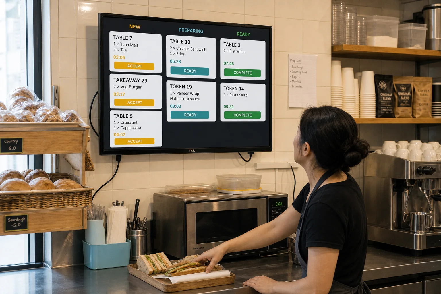 A chef viewing live order tickets on a kitchen display