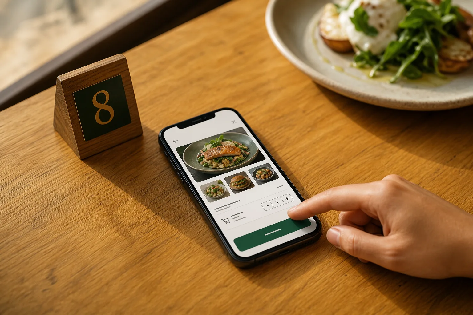 A guest placing an order from a digital café menu at table eight