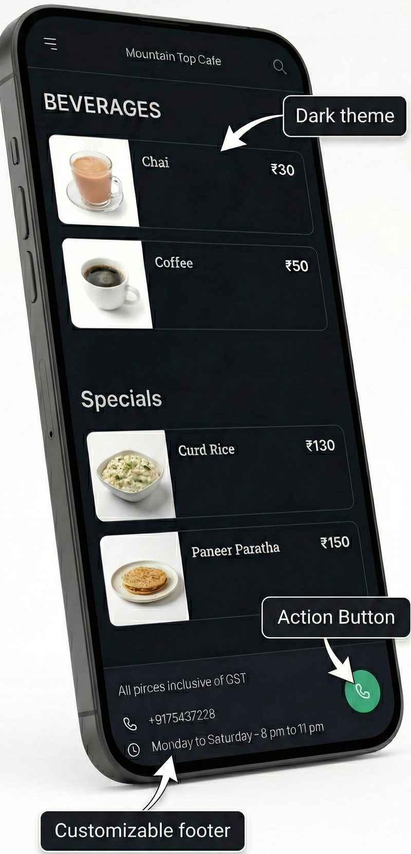 A customer menu in dark theme with a call action button and customizable footer